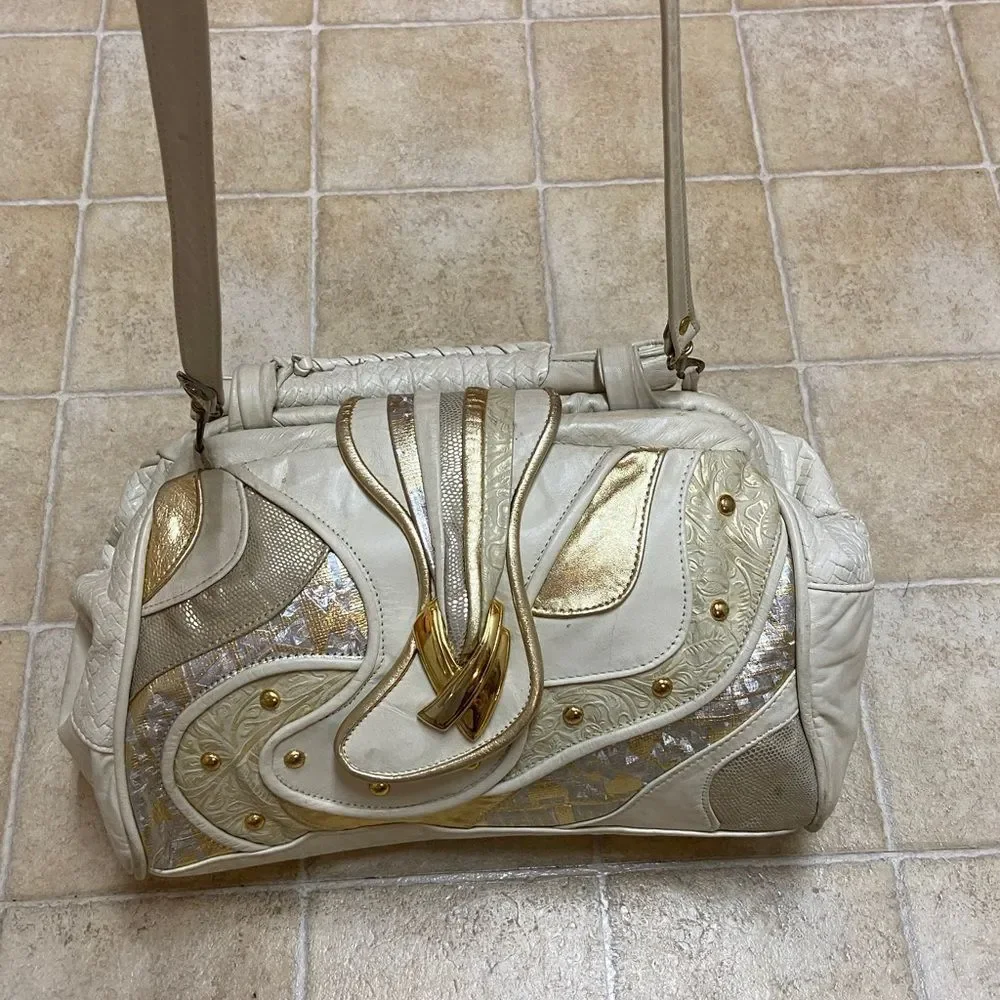 VTG,BAGS BY PINKY GENUINE LEADER MADE IN USA Elegant Cream and Gold Women's Bag - Picture 2 of 16